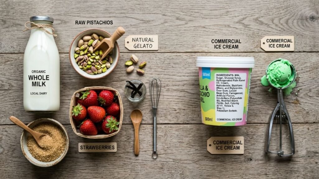 natural ingredients in artisan gelato compared to commercial ice cream additives