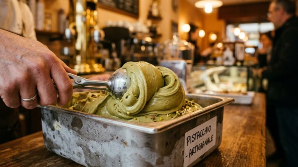homemade Italian gelato being scooped at home