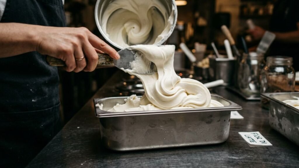 homemade fior di latte gelato being prepared in a metal container