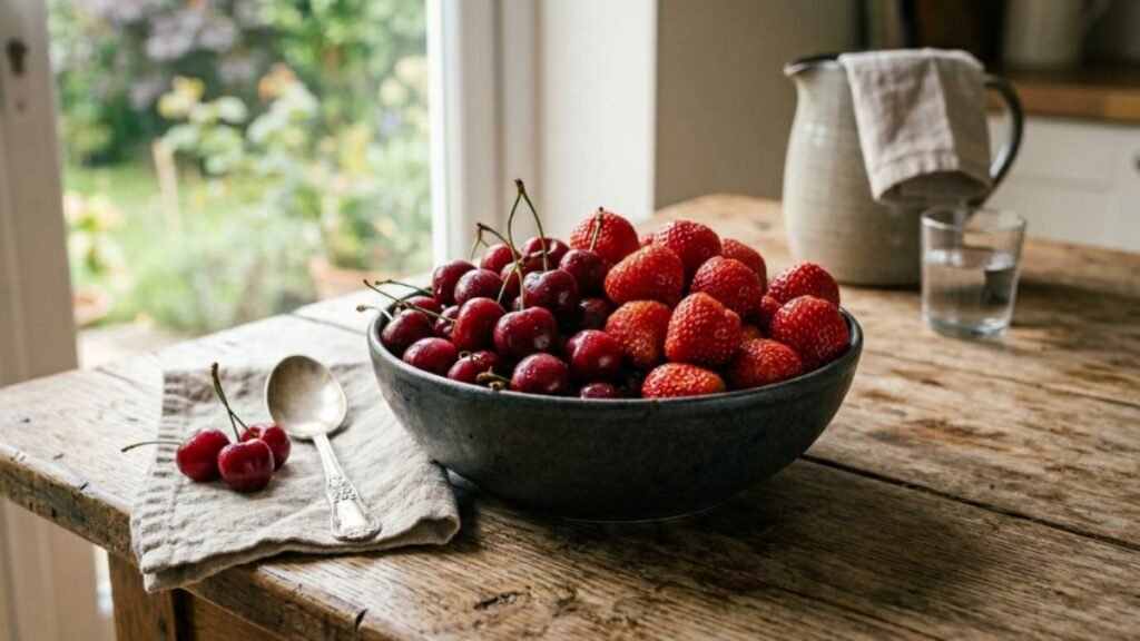 fresh spring cherries and strawberries for seasonal Italian gelato recipes