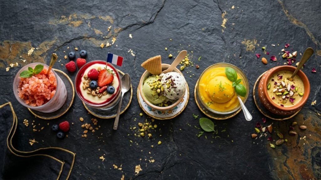 variety of European frozen desserts including Italian gelato and French sorbet