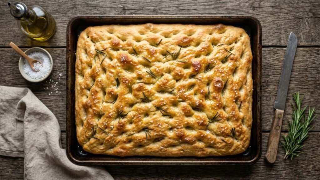 Authentic Italian focaccia genovese on baking tray with olive oil and sea salt