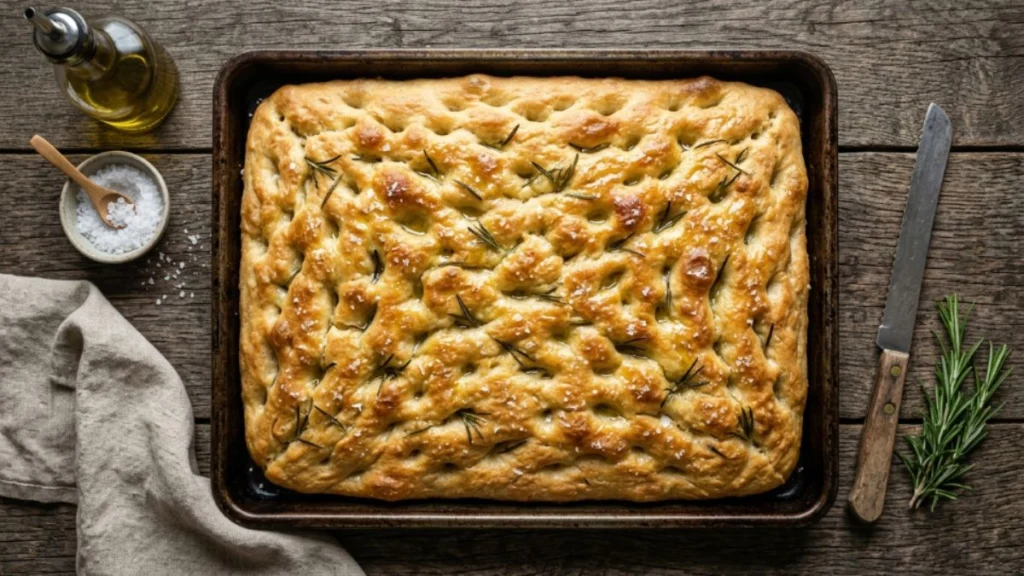 Authentic Italian focaccia genovese on baking tray with olive oil and sea salt
