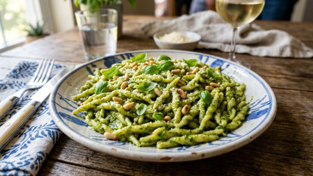 Authentic Trofie al Pesto Genovese with fresh basil and olive oil