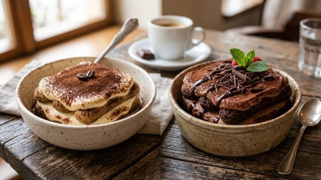 Classic tiramisu and chocolate variation served in ceramic dishes