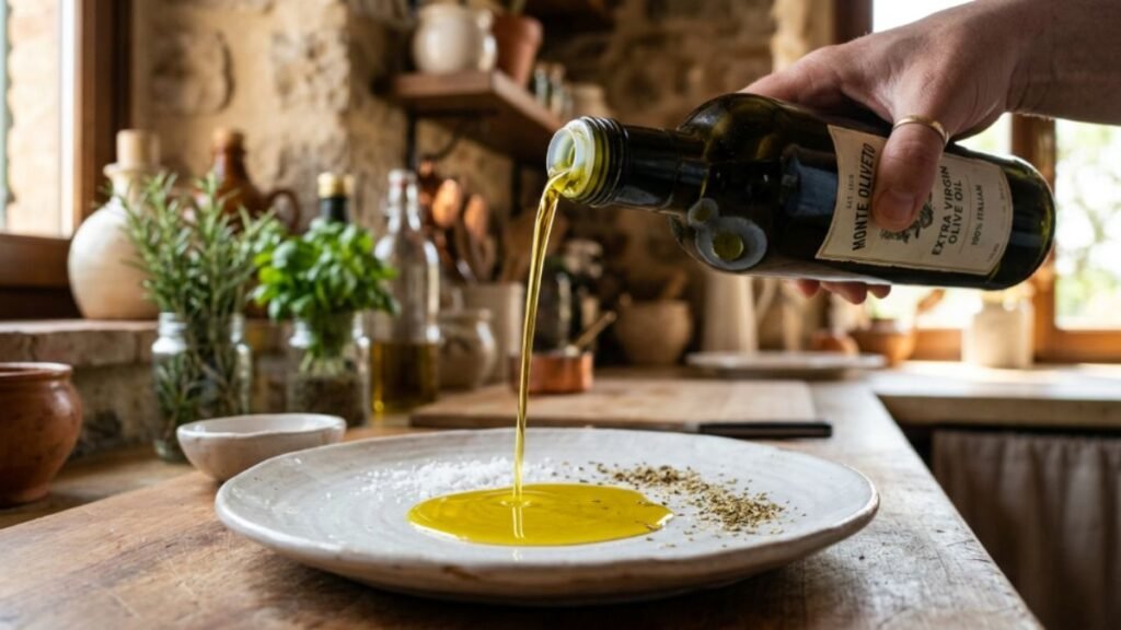 Extra virgin olive oil being poured in an Italian kitchen