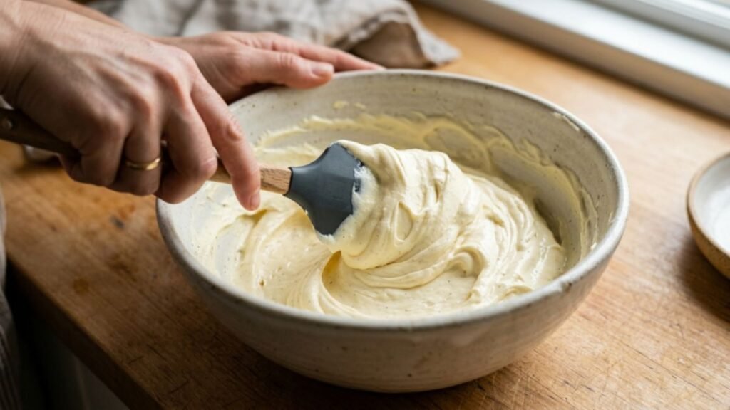 Folding mascarpone cream for classic Italian tiramisu