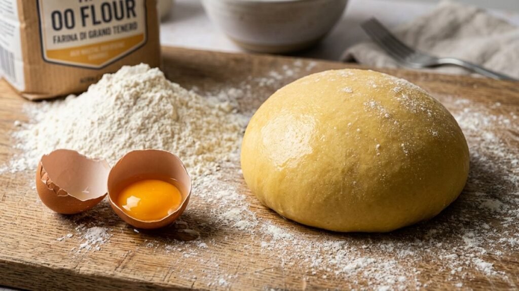 Fresh handmade Italian pasta dough with 00 flour and eggs
