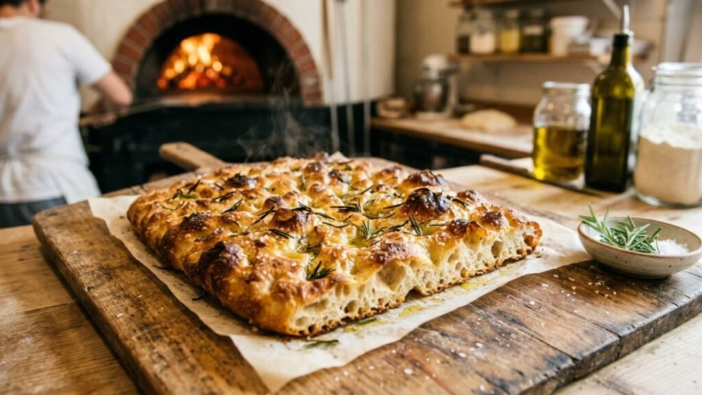 Freshly baked authentic Italian focaccia out of the oven with golden crust