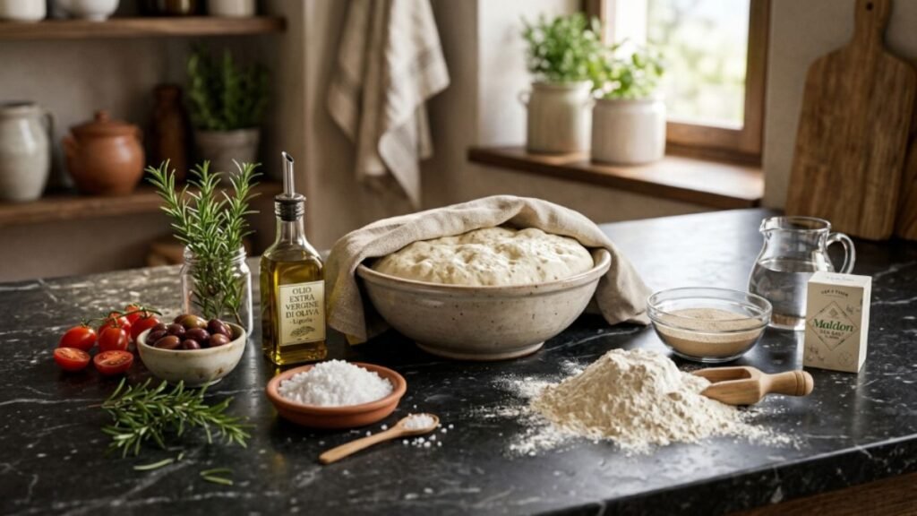 Ingredients for authentic Italian focaccia on dark marble surface