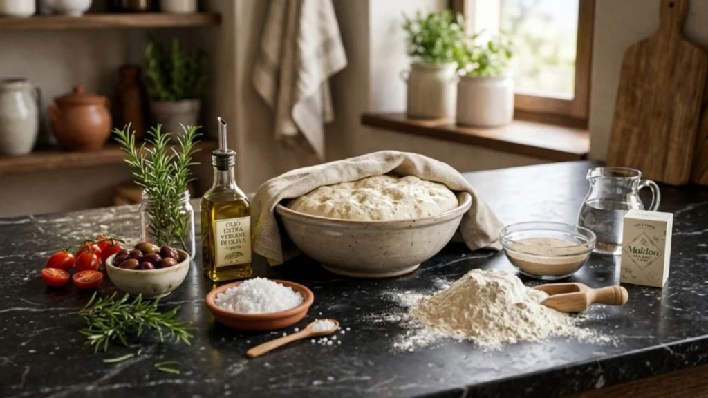 Ingredients for authentic Italian focaccia on dark marble surface