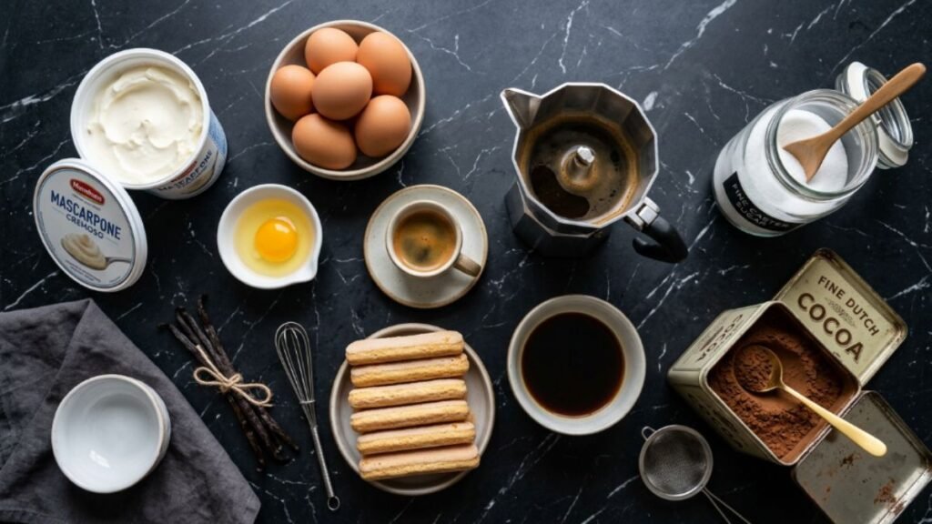 Ingredients for authentic classic tiramisu recipe laid out on dark marble