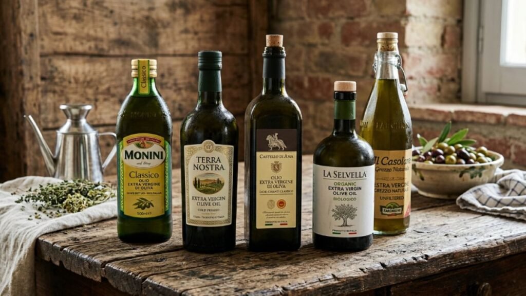 Italian extra virgin olive oil bottles with labels on rustic wooden background
