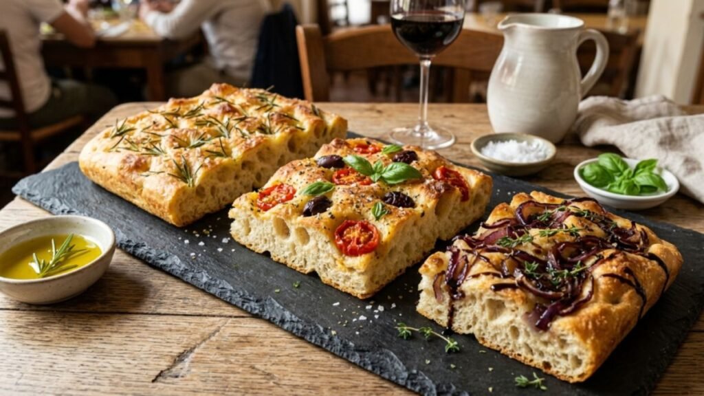Italian focaccia variations with different toppings on dark slate serving board