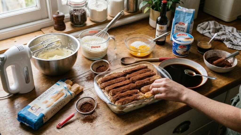 Kitchen equipment for making classic tiramisu at home