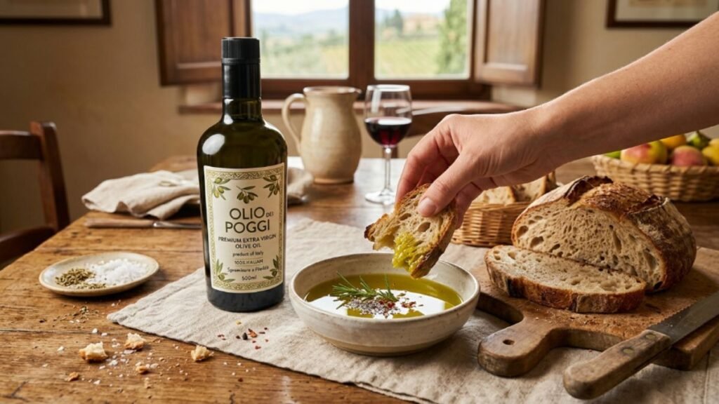 Premium Italian extra virgin olive oil with bread for dipping