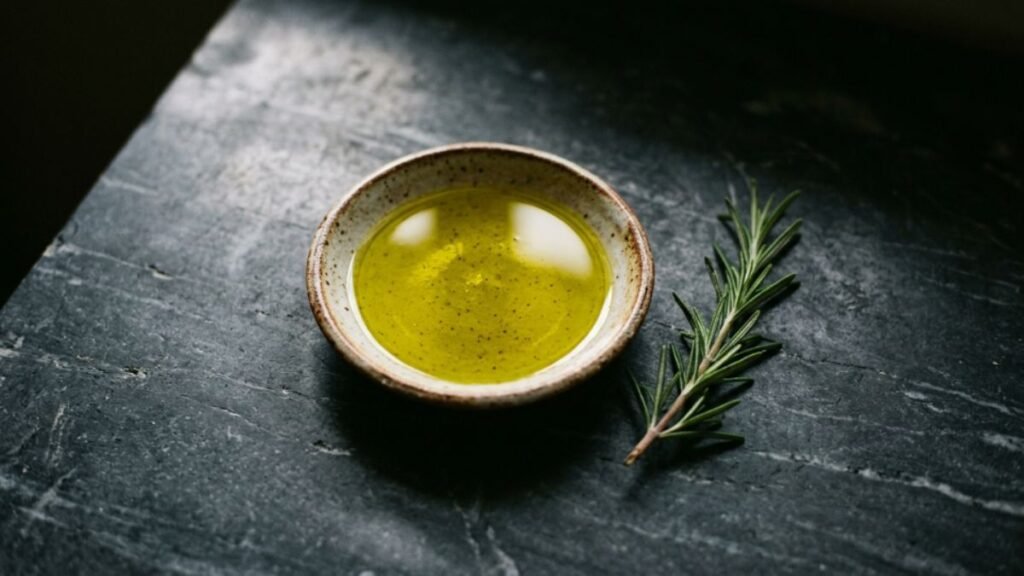 Premium extra virgin olive oil in ceramic dish with rosemary on dark marble surface