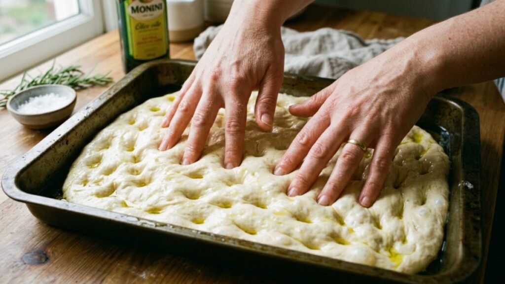 Pressing dimples into focaccia dough in oiled baking pan before final proof