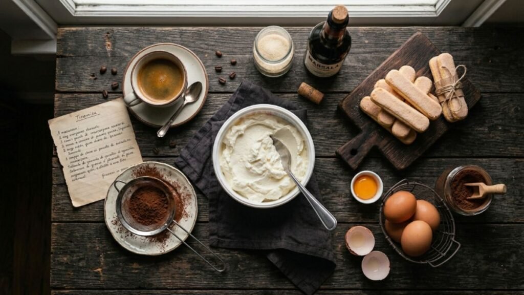 authentic tiramisu ingredients laid out on a dark Italian kitchen table