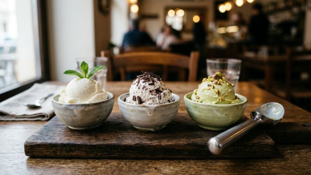 homemade fior di latte stracciatella and pistachio gelato
