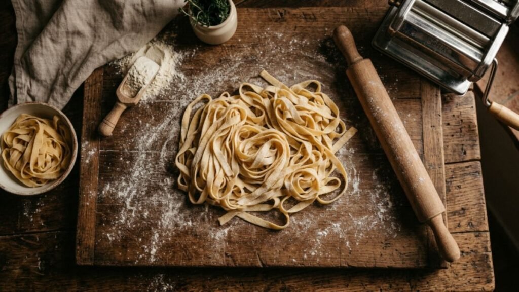 Fresh hand-cut Italian egg pasta on a floured board