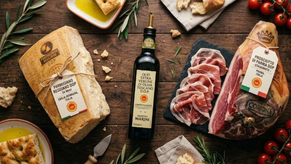 Protected-origin Italian products arranged on a dark surface