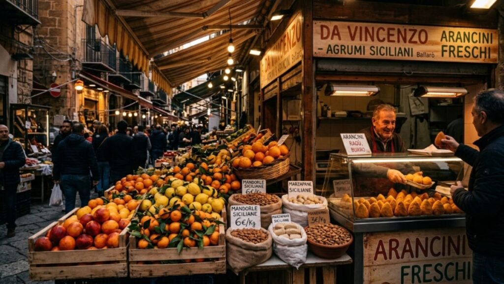 Sicilian market with citrus almonds and arancini