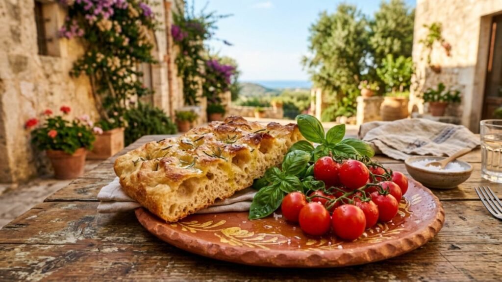 Southern Italian tomatoes basil and focaccia on terracotta.