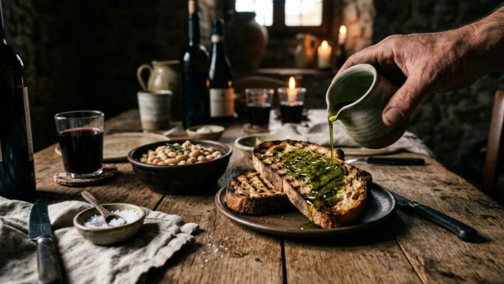 Tuscan-style bread beans and olive oil on a dark table