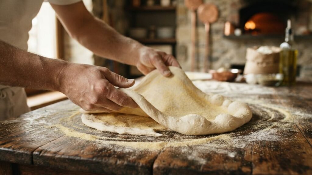 Hand-stretching Italian pizza dough while preserving the airy cornicione rim
