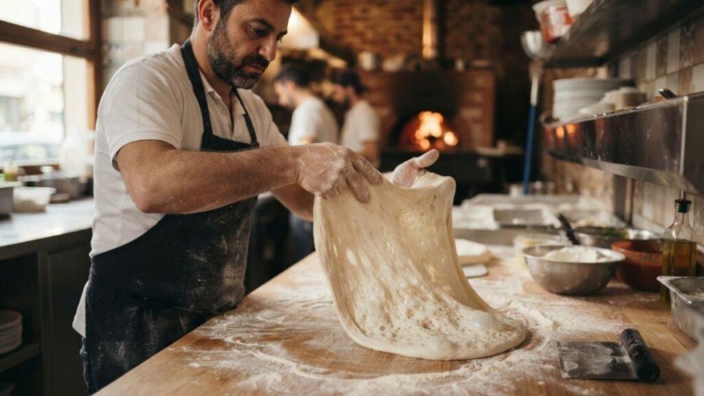 High-hydration Italian pizza dough being stretched and folded by hand