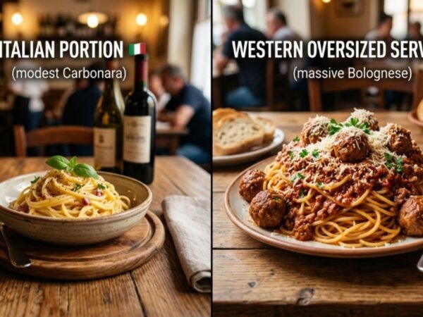 Comparison of Italian pasta portion versus oversized Western serving