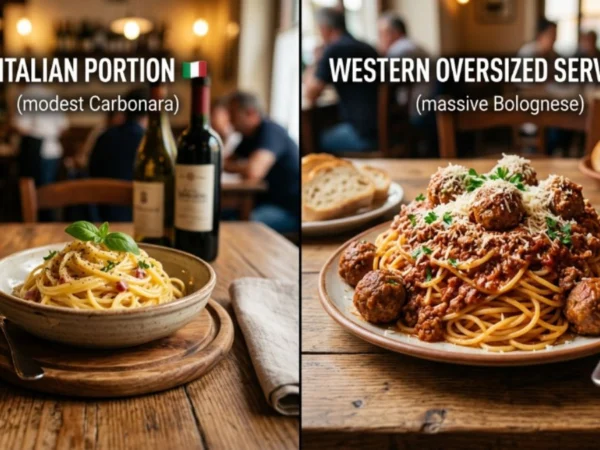 Comparison of Italian pasta portion versus oversized Western serving