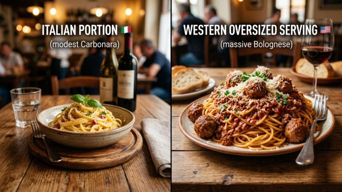Comparison of Italian pasta portion versus oversized Western serving