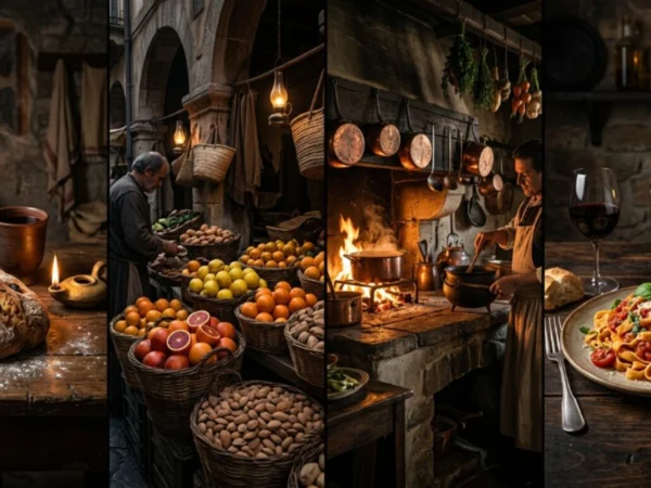 Four-panel illustration of Italian cuisine history from Roman bread to a modern pasta dish