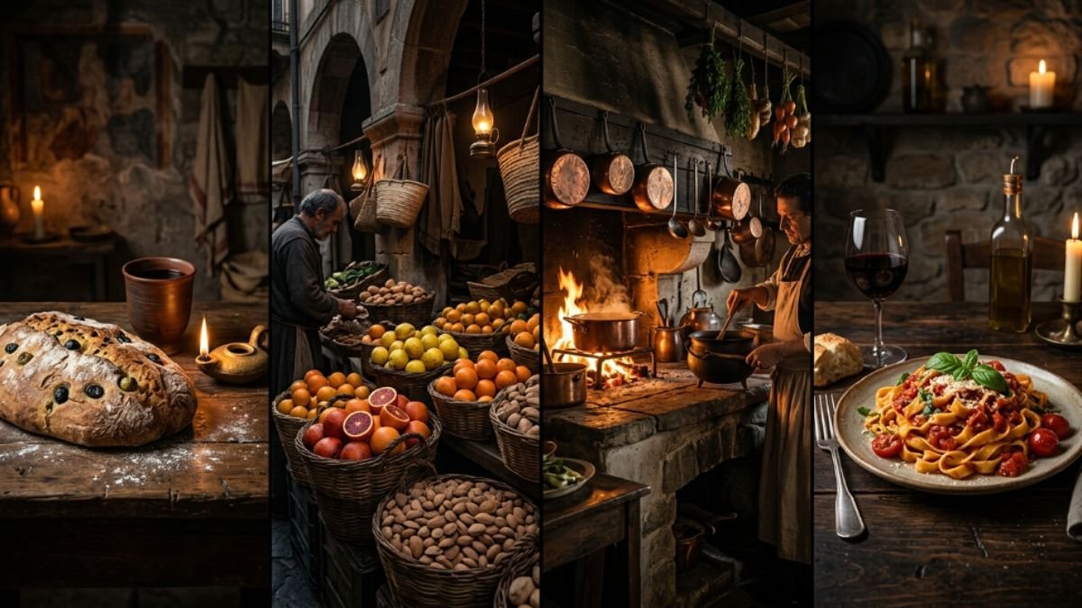 Four-panel illustration of Italian cuisine history from Roman bread to a modern pasta dish