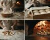 Italian pizza dough at four stages from mixing to a charred authentic crust