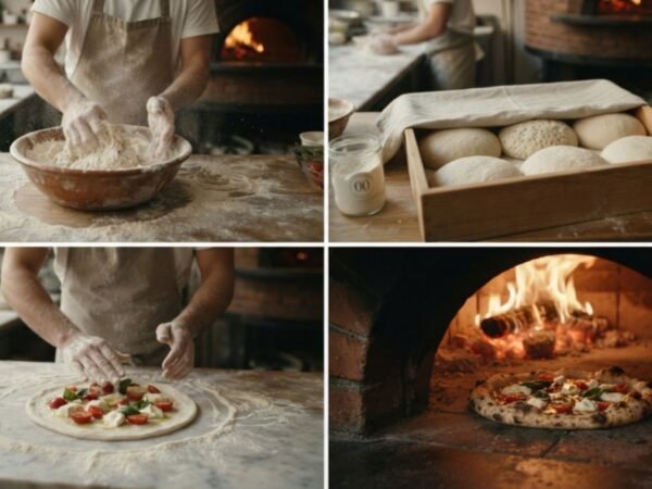 Italian pizza dough at four stages from mixing to a charred authentic crust