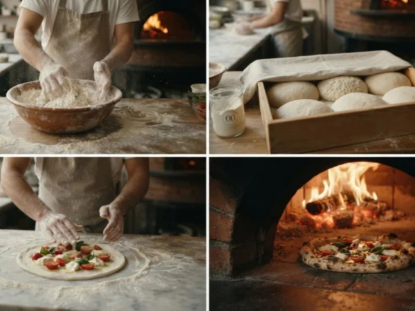 Italian pizza dough at four stages from mixing to a charred authentic crust