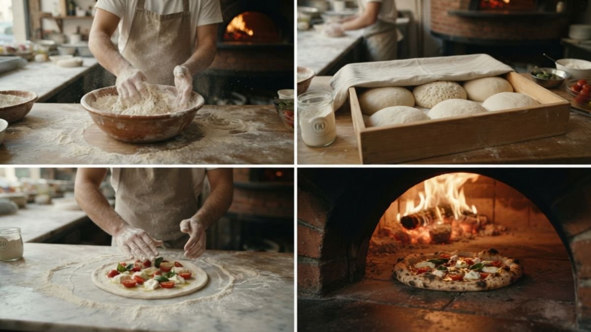 Italian pizza dough at four stages from mixing to a charred authentic crust